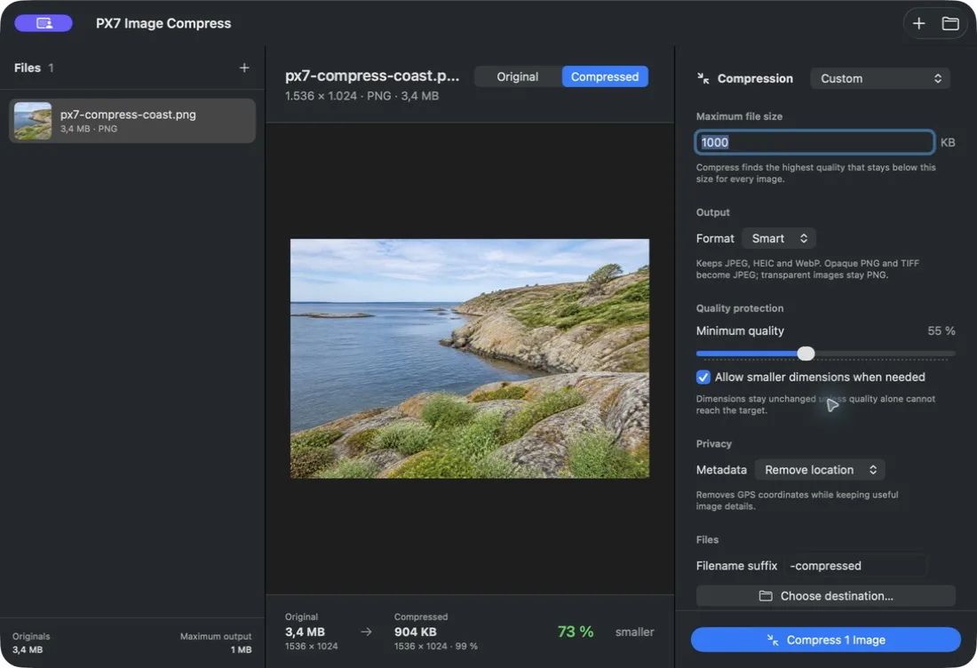 PX7 Image Compress showing a 3.4 MB PNG compressed to 904 KB at 99 percent quality