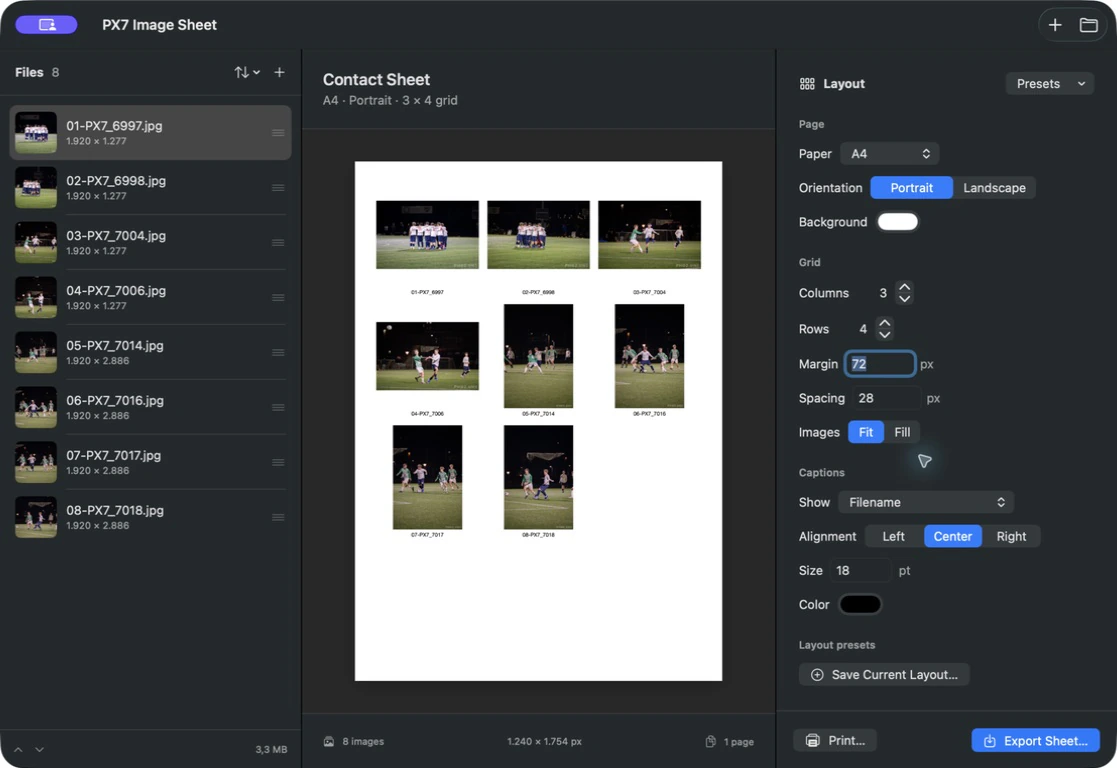 PX7 Image Sheet showing eight football photos in an A4 grid with centered filename captions